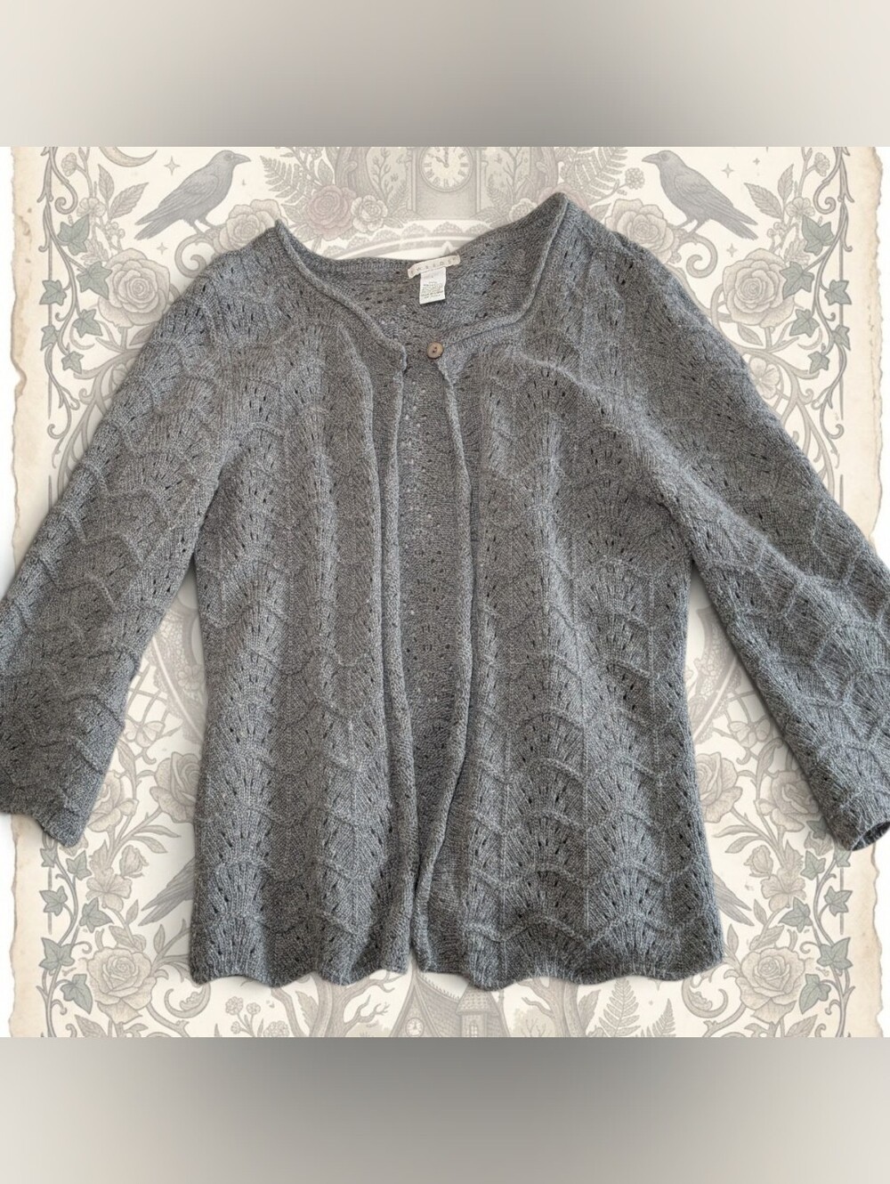 Fairycore Angora Wool Pointelle Knit Cardigan Sweater Heather Gray Tweeds Sz L